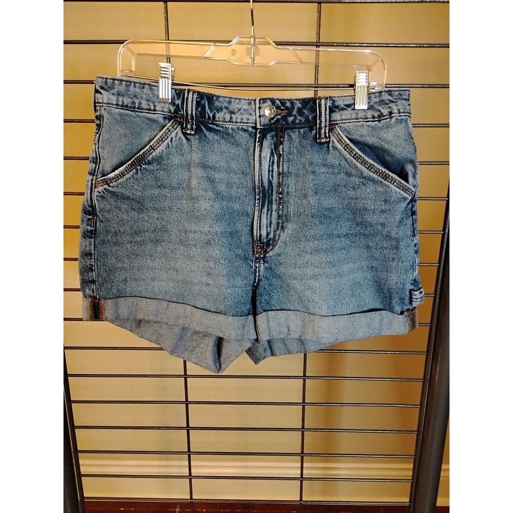 H&M Divided Blue Denim Carpenter Shorts Womens 12 High Rise Cuffed Utility Light